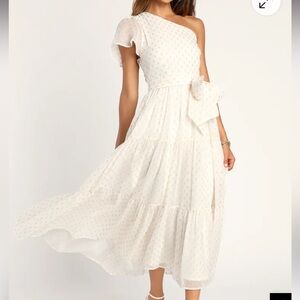 Lulus White and Gold Chiffon Midi Dress
